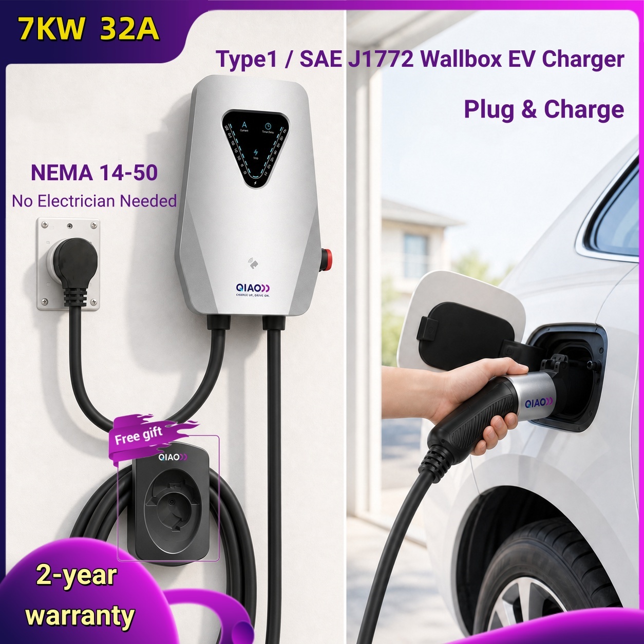 J1772 Evse 32A Level 2 Charger - 7KW 32A Typ1 SAE J1772 Wallbox